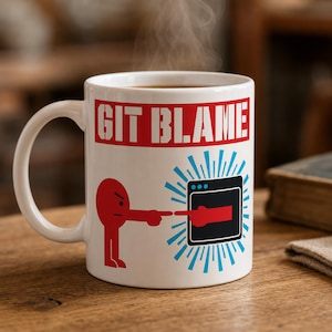 Puede incluir: Taza de cerámica blanca con el texto "GIT BLAME" en rojo. La taza presenta una figura de dibujos animados roja que señala una pantalla de ordenador con una mano roja. El vapor se eleva de la parte superior de la taza.
