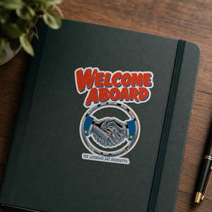 Corporate Gallows Humor Sticker · Welcome Aboard Chrome Handshake · Atomic Age Office Worker Laptop Decal for New Hire