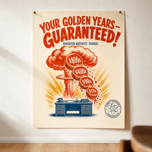 Poster met kantoorhumor uit het atoomtijdperk · Paddenstoelwolk voor pensioenplannen · Retro bedrijfspropaganda · Galgenhumor voor 401k-pensioenplannen · Muurdecoratie met galgenhumor
