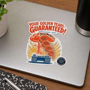 Pensionsplanens svampmolnsklistermärke · Atomålderns 401k-humor · Retro företagspropaganda Laptopdekal Gåva till kollega