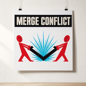 Póster de conflicto de fusión · Arte mural para oficina de desarrolladores · Lámina de dibujos animados de UPA de mediados de siglo · Humor sobre solicitudes de extracción de Git para la sala de equipos de ingeniería
