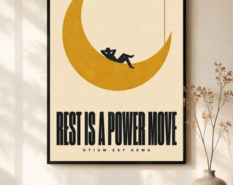 Rest Is A Power Move Poster · Otium Est Arma · Anti Hustle Wall Art · Moon Hammock Print · Minimalist Bedroom Decor
