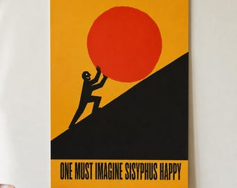 Affiche de Sisyphe · Il faut imaginer Sisyphe heureux · Décoration murale inspirée de la philosophie stoïcienne et absurde · Cadeau vintage pour étudiant en philosophie