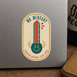 Klimaatrampsticker · Meneer Mercurius stijgt altijd · Thermometer in cartoonstijl uit het midden van de vorige eeuw · Grappige galgenhumor laptopsticker