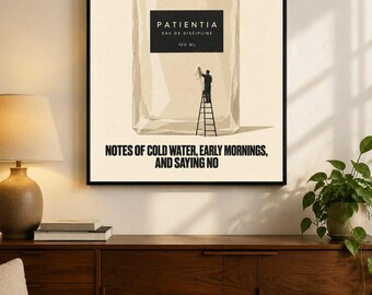 Patientia Eau de Discipline Poster · Luxury Perfume Parody Wall Art · Funny Discipline Gift · Mid-Century Minimalist Print