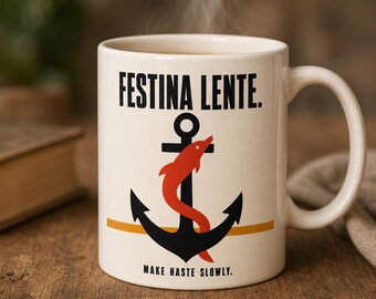 Stoic Philosophy Mug · Festina Lente Make Haste Slowly · Anchor Dolphin Renaissance Emblem Coffee Mug · Gift for Burnout Grad Student