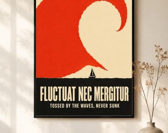 Fluctuat Nec Mergitur Poster · Tossed by the Waves Never Sunk · Stoic Resilience Wall Art · Minimalist Wave Print