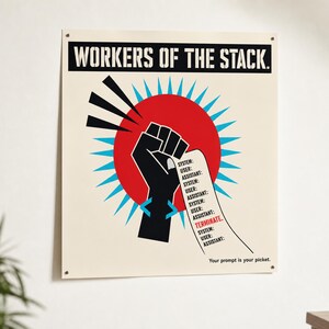 Developer Existentialism Poster · Workers of the Stack · UPA Mid-Century Propaganda Wall Art · Gift for Programmer Coder AI Engineer