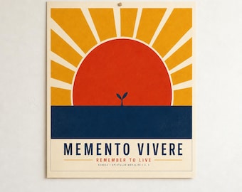 Affiche Memento Vivere · Souviens-toi de vivre · Décoration murale inspirée de la philosophie stoïcienne · Impression soleil en papier découpé style années 50 pour chambre d'étudiant