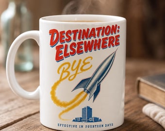 Tasse à café pour arrêter de fumer · Cadeau d'adieu avec préavis de deux semaines · Humour de bureau fusée atomique rétro · Cadeau de départ pour un collègue