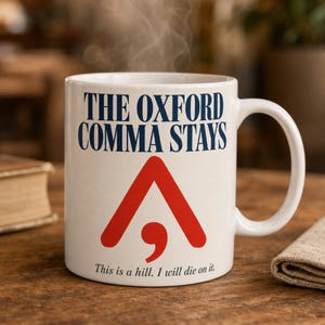 May include: A white ceramic mug featuring the dark blue text THE OXFORD COMMA STAYS at the top. Below the text is a large red graphic of a caret symbol with a comma underneath. At the bottom, the text reads This is a hill. I will die on it.