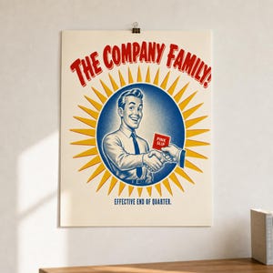 Poster met kantoorhumor uit het atoomtijdperk · De ontslagbrief van de bedrijfsfamilie · Muurdecoratie met bedrijfspropaganda uit de jaren 50 · Grappig ontslagcadeau voor een kantoormedewerker