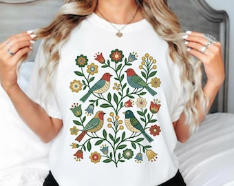 Vintage Floral Bird T-Shirt, Cottagecore Botanical Graphic Tee, Folk Art Nature Lover Gift
