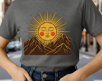 Vintage Sun Mountains T-Shirt, Boho Celestial Graphic Tee, Mystic Landscape Unisex Shirt