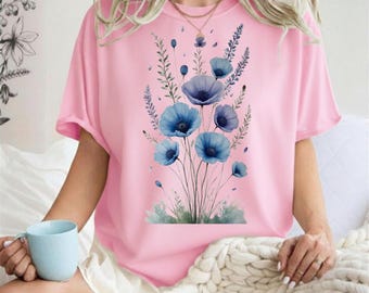 Blue Wildflower Watercolor T-Shirt, Botanical Floral Cottagecore Tee