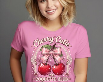 Feminine Cherry Bow Graphic Tee, Y2K Coquette Fashion Top
