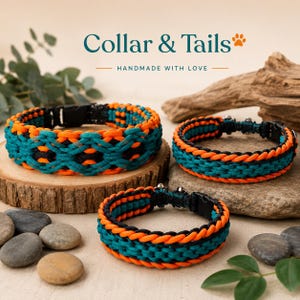 May include: Three pet collars made of woven paracord in orange, teal, and black. The collars feature black plastic side-release buckles and metal D-rings. The text "Collar & Tails" and "HANDMADE WITH LOVE" is visible at the top of the image.