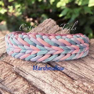 Può includere: Un collare intrecciato per cani nei colori pastello rosa, blu e viola. Il collare ha un design intrecciato e la parola "Marshmallow" è scritta in blu. Lo sfondo è una superficie di legno.