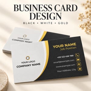 Op de afbeelding: Een visitekaartjeontwerp met een zwart, wit en goud kleurenschema. De kaart bevat tekst zoals YOUR NAME, Job Position, telefoonnummer, e-mail, website en adres, samen met pictogrammen voor contactgegevens en een bedrijfslogo-placeholder.