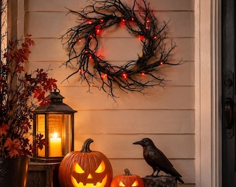 Gotycki czarny wieniec gałęziowy, czerwone światła LED, dekoracja drzwi wejściowych na Halloween