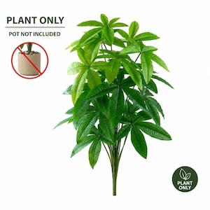 Puede incluir: Una planta artificial de árbol del dinero con hojas de color verde vibrante en forma de palma sobre tallos delgados. El texto superior dice PLANT ONLY POT NOT INCLUDED, con un gráfico de una maceta tachada. Un sello circular abajo dice PLANT ONLY.