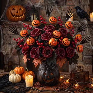 5 piezas de adornos florales para ramos de Halloween con opción de maceta de fantasma, tallos de rosas con forma de mano de esqueleto gótico y calabaza, centro de mesa espeluznante para Halloween.