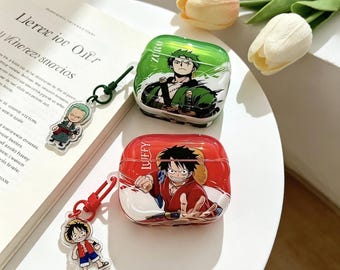 Anime Pirate Luffy Case for AirPods 1 2 3 4 Pro, Red Clear Jelly Earbud Cover with Acrylic Charm, Cool Anime Boy Gift for Him