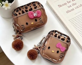 Y2K Brown Leopard Kitty Earbud Case with Pom Pom Keychain, Coquette Pink Bow Cat Earphone Cover for AirPods Pro 1 2 3, Cute Aesthetic Gift