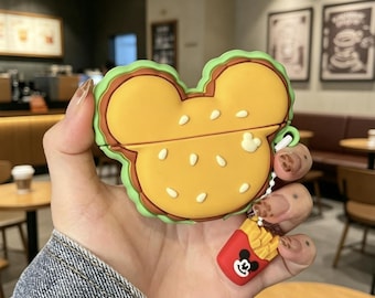 3D Mickey Mouse Burger Case for AirPods 1 2 3 4 Pro, Cute Hamburger Silicone Earbud Cover with French Fries Charm, Kawaii Foodie Gift