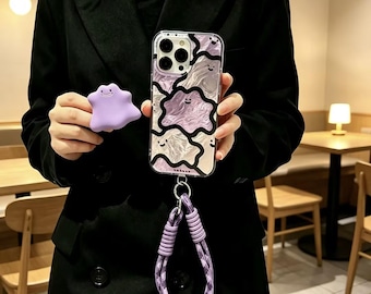 Kawaii Ditto Phone Case for iphone 17 promax 16 15 14 13 12 11, Wavy Mirror Purple Blob Case with Crossbody Lanyard, Y2K Bestie Gift