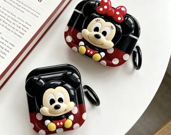 3D Mickey and Minnie Earbud Case with Ring, Cute Red Polka Dot Earphone Cover for AirPods Pro 1 2 3 4, Kawaii Cartoon Couple Gift