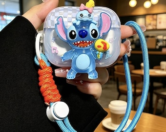 3D Stitch Scrump Case for AirPods 1 2 3 4 Pro, Cute Clear Checkered Earbud Cover with Braided Lanyard, Y2K Kawaii Tech Gift