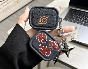 Cool Ninja Red Cloud Case for AirPods 1 2 3 4 Pro, Matte Black Anime Earbud Cover with Kunai Shuriken Charms, Otaku Tech Gift