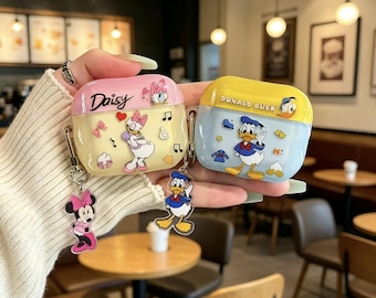 Cute Donald & Daisy Duck Case for AirPods 1 2 3 4 Pro, Wavy Jelly Clear Earbud Cover with Charm, Matching Couple Bestie Gift