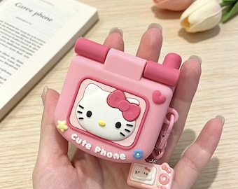 3D Pink Kitty Retro Phone Earbud Case with Chain, Y2K Kawaii Cat Earphone Cover for AirPods Pro 1 2 3 4, Cute Flip Phone Tech Gift For Her