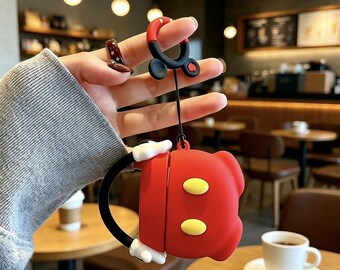 3D Mickey Mouse Red Bag Case for AirPods 1 2 3 4 Pro, Cute Silicone Earbud Cover with Finger Ring Strap, Classic Cartoon Tech Gift