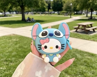 Cute Kitty Stitch Silicone Earbud Case, Kawaii 3D Cartoon Cat Wireless Headphone Cover, Pink Bow Accessory Gift for Her