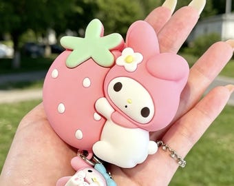 Kawaii 3D Strawberry Pink Bunny Case for AirPods Pro 1 2 3 4, Cute Headphone Cover, Melody Character Keychain Accessory Gift for Her