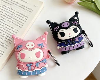 Kawaii 3D Kuromi Case for AirPods Pro 1 2 3, Cute Gothic Bunny Silicone Headphone Cover, Pink and Black Anime Earbud Keychain Gift