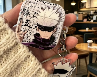 Anime Gojo Case with Acrylic Charm for AirPods 1 2 3 4 Pro, Cool Japanese Kanji Earbud Cover, Otaku Tech Gamer Gift