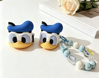 3D Donald Duck Case for AirPods 1 2 3 4 Pro, Cute Sailor Duck Silicone Earbud Cover with Charm Lanyard, Kawaii Cartoon Accessory