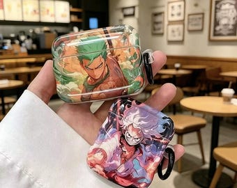Anime Pirate Zoro Luffy Case for AirPods 1 2 3 4 Pro, Cool Green Swordsman Earbud Cover with Black Ring Keychain, Otaku Tech Gift