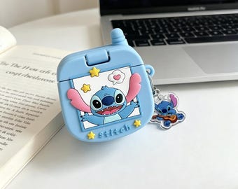 3D Stitch Silicone Earbud Case with Guitar Charm, Cute Blue Alien Earphone Cover for AirPods Pro 1 2 3 4, Kawaii Retro Frame Tech Gift