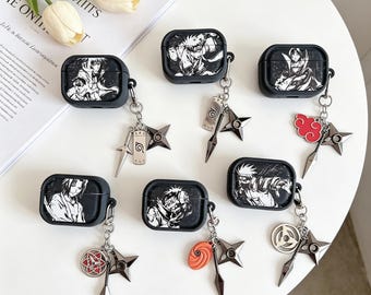 Anime Ninja Case for AirPods 1 2 3 4 Pro，Kakashi Itachi Sasuke Black Earbud Cover with Kunai Charm，Cool Manga Gift for Him