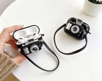 3D Vintage Camera for AirPods Case, Retro Photography Earphone Cover, Black Camera Headphone Accessory with Strap, Unique Photographer Gift
