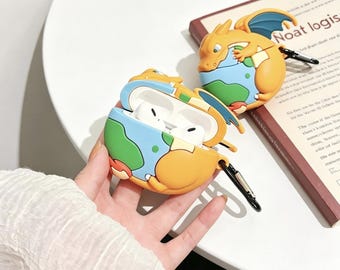3D Charizard Silicone Earbud Case with Clip, Cute Fire Dragon Globe Earphone Cover for AirPods Pro 1 2 3 4, Kawaii Gamer Gift