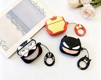 3D Comic Hero Case for AirPods 1 2 3 4 Pro, Cool Robot and Bat Knight Silicone Earbud Cover with Ring Strap, Geeky Tech Gift for Him
