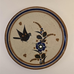 Vintage Tonalá Mexican Pottery Plate | Hand-Painted Folk Art Bird & Floral Design | Collectible Mid-Century Stoneware Dish, Jalisco Mexico