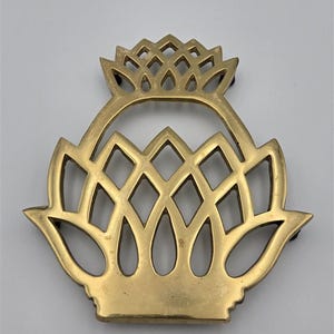 May include: A gold-colored metal trivet featuring an openwork pineapple design. The object has a lattice pattern forming the body and leaves of the fruit, with a flat base and a polished metallic finish that reflects light across its surface.