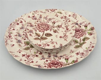 Johnson Brothers Rose Chintz Rosa Servierplatte & 4 Brot- und Butterplatten im Set | Vintage Englische Bügelbilder Aufnäher | Cottagecore Geschirr